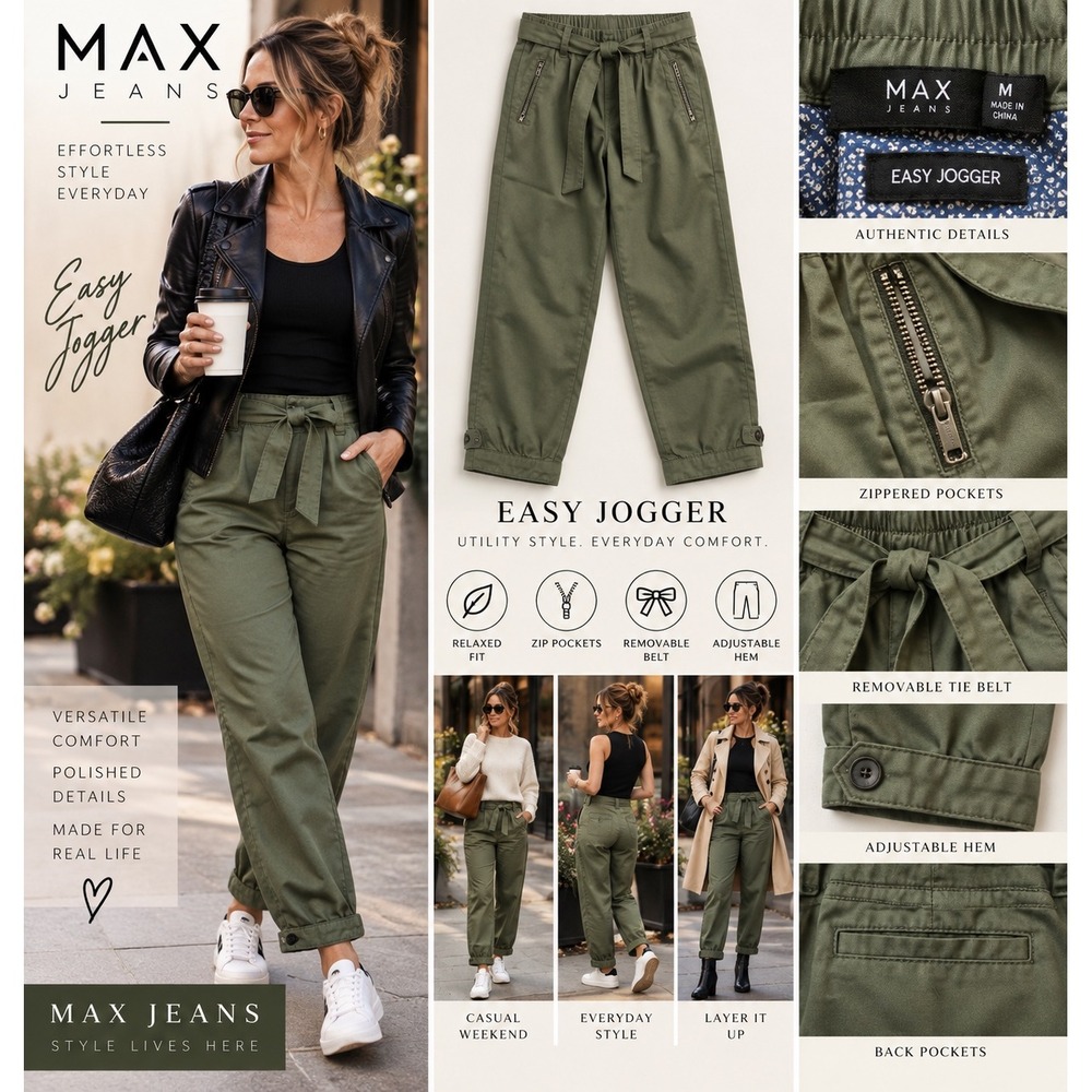 MAX Jeans Easy Jogger Women M Olive Green Utility Cargo Pants Belted Zip Pocket